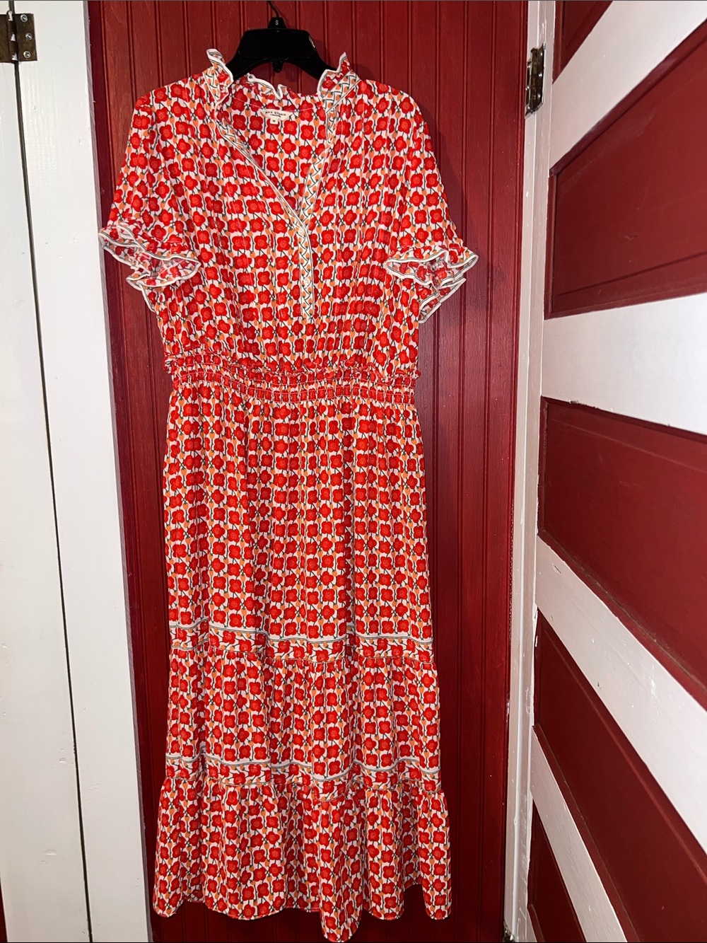 Max Studio Red Printed Tiered Midi Skirt with Cream Accents - Picture 5 of 9